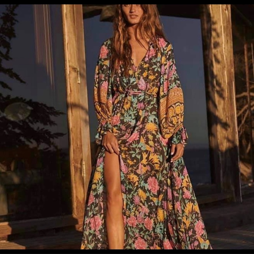 Spell Floral Maxi Dress in Black with Pink, Yellow & Green
